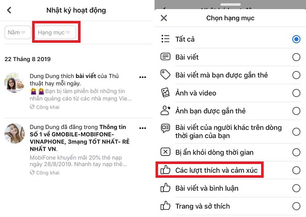 xem lai cac luot da thich tren facebook