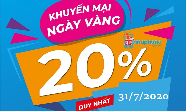 VinaPhone khuyến mãi 20% vào ngày 31/7/2020