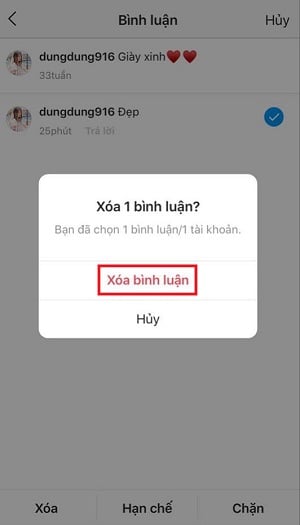 Cac buoc xoa binh luan cua minh tren instagram