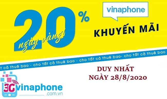 VinaPhone khuyến mãi 20% vào ngày 28/8/2020