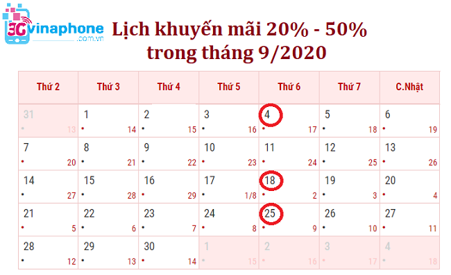 Lịch khuyến mãi 20% - 50% VinaPhone trong tháng 9/2020