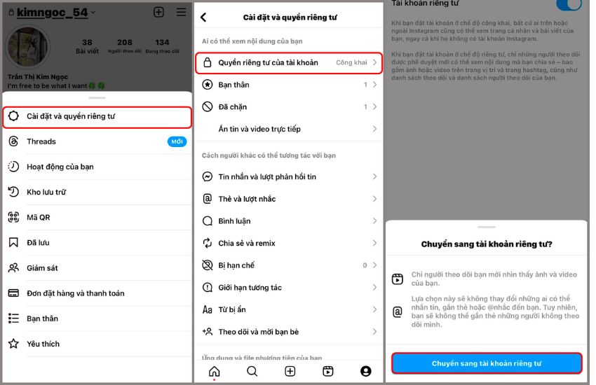 cach chuyen tai khoan instagram rieng tu