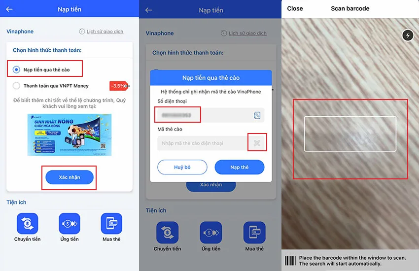 nap tien dien thoai vinaphone bang ma qr